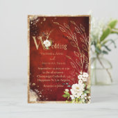 White Red Gold Botanical Floral Rustic Wedding Kaart (Staand voorkant)
