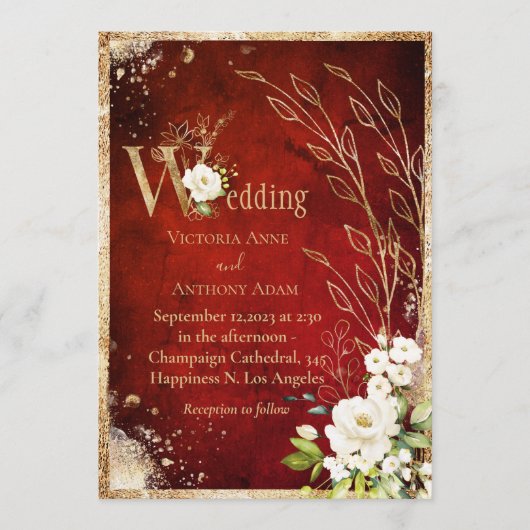 White Red Gold Botanical Floral Rustic Wedding Kaart (Voorkant)