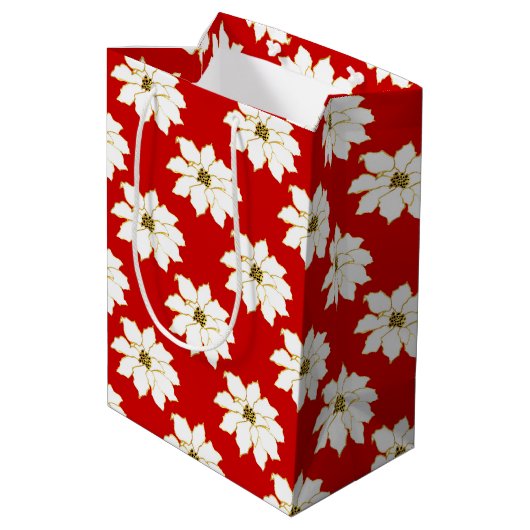 White Red Gold Poinsettia Patroon Medium Cadeauzakje (Achterkant Gekanteld)