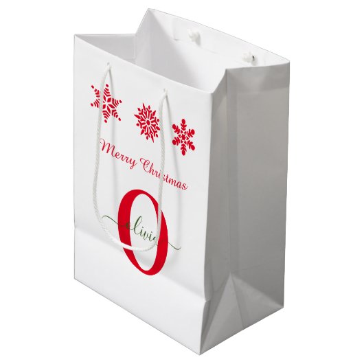 White Red Green Monogram script Merry Kerstry Medium Cadeauzakje (Voorkant Gekanteld)