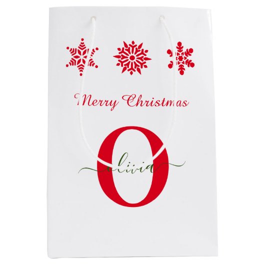 White Red Green Monogram script Merry Kerstry Medium Cadeauzakje (Voorkant)