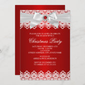 White Red Lace Jewel Bow kerstfeest Uitnodiging (Voorkant / Achterkant)