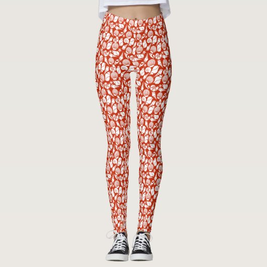 White Red Ocean Nautical Seashells Patroon Leggings (Voorkant)