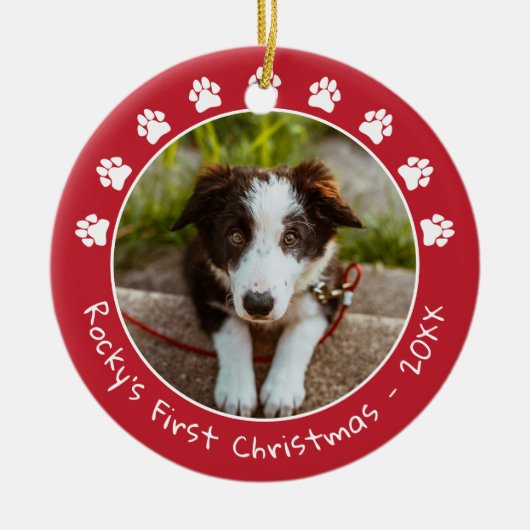 White Red Paw drukt Pet's eerste kerstfoto af Keramisch Ornament (Voorkant)