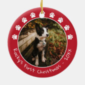 White Red Paw drukt Pet's eerste kerstfoto af Keramisch Ornament (Achterkant)
