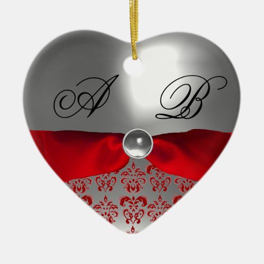 WHITE RED RIBBON DAMASK GEM STONE MONOGRAM KERAMISCH ORNAMENT (Voorkant)