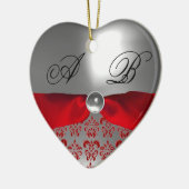 WHITE RED RIBBON DAMASK GEM STONE MONOGRAM KERAMISCH ORNAMENT (Links)