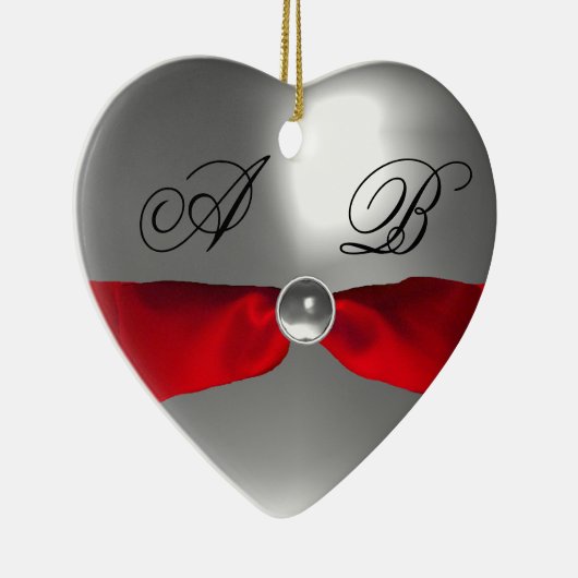 WHITE RED RIBBON GEM STONE MONOGRAM KERAMISCH ORNAMENT (Rechts)