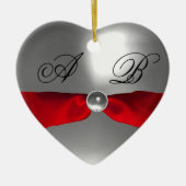 WHITE RED RIBBON GEM STONE MONOGRAM KERAMISCH ORNAMENT (Voorkant)