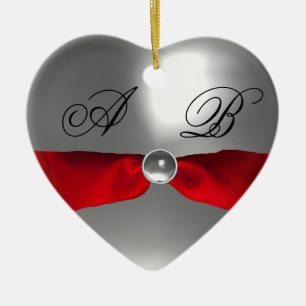 WHITE RED RIBBON GEM STONE MONOGRAM KERAMISCH ORNAMENT