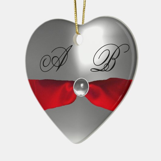 WHITE RED RIBBON GEM STONE MONOGRAM KERAMISCH ORNAMENT (Links)