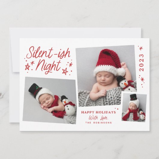 White Red Script Silent Night 3 Photo Collage Feestdagenkaart (Voorkant)