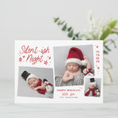 White Red Script Silent Night 3 Photo Collage Feestdagenkaart (Staand voorkant)