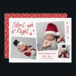 White Red Script Silent Night 3 Photo Collage Feestdagenkaart<br><div class="desc">Met handgetekende sterren,  een whimsical-typografie en een unieke 3 foto-indeling. Komt met een passend patroon op de rug.</div>