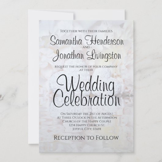 White Reflecting Peony Flowers & Hearts Wedding Kaart (Voorkant)