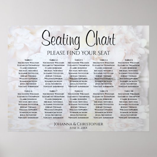 White Reflections 10 Table Wedding Seating Chart Poster (Voorkant)