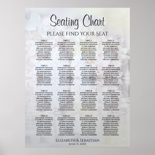 White Reflections 16 Table Wedding Seating Chart Poster (Voorkant)