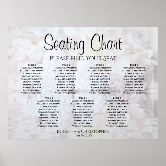 White Reflections 7 Table Wedding Seating Chart Poster (Voorkant)