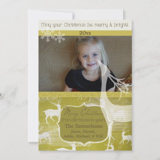 White Reindeer on Green Photo Holiday Kaart (Voorkant)