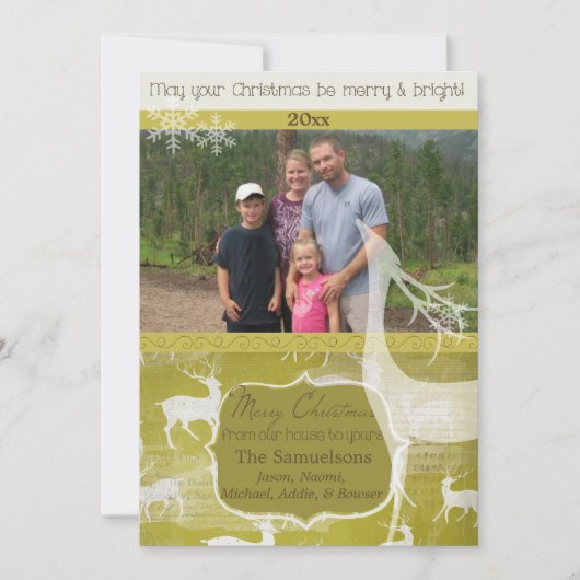White Reindeer on Green Photo Holiday Kaart (Voorkant)