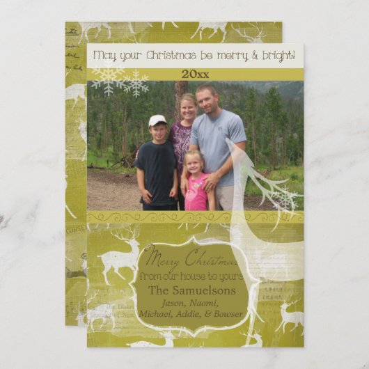 White Reindeer on Green Photo Holiday Kaart (Voorkant / Achterkant)