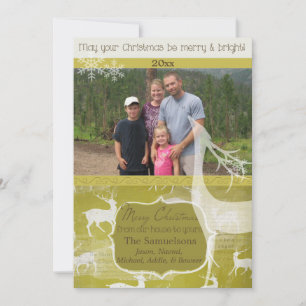 White Reindeer on Green Photo Holiday Kaart