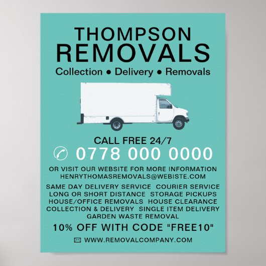 White Removal Van, verwijderend Bedrijf Adverteren Poster (Voorkant)