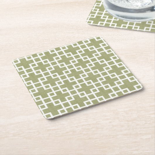 White Retro Chic Squares Patroon op Olive Green Kartonnen Onderzetters (Schuin)
