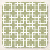 White Retro Chic Squares Patroon op Olive Green Kartonnen Onderzetters (Voorkant)