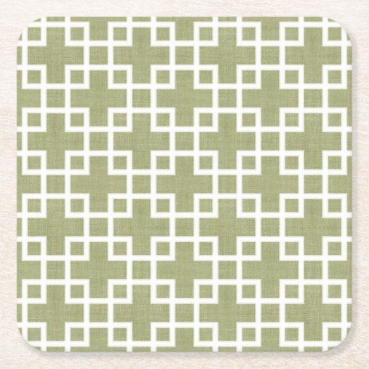 White Retro Chic Squares Patroon op Olive Green Kartonnen Onderzetters (Voorkant)