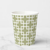 White Retro Chic Squares Patroon op Olive Green Papieren Bekers (Links)