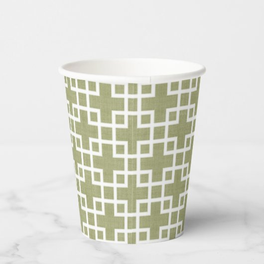 White Retro Chic Squares Patroon op Olive Green Papieren Bekers (Rechts)
