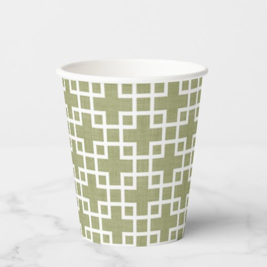 White Retro Chic Squares Patroon op Olive Green Papieren Bekers (Voorkant)