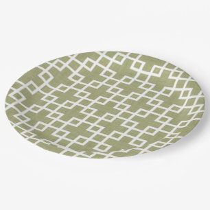 White Retro Chic Squares Patroon op Olive Green Papieren Bordje