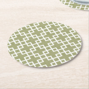 White Retro Chic Squares Patroon op Olive Green Ronde Kartonnen Onderzetter