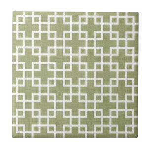 White Retro Chic Squares Patroon op Olive Green Tegeltje