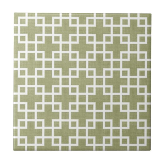 White Retro Chic Squares Patroon op Olive Green Tegeltje (Voorkant)