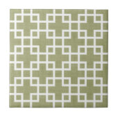 White Retro Chic Squares Patroon op Olive Green Tegeltje (Voorkant)