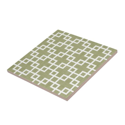 White Retro Chic Squares Patroon op Olive Green Tegeltje (Zijkant)