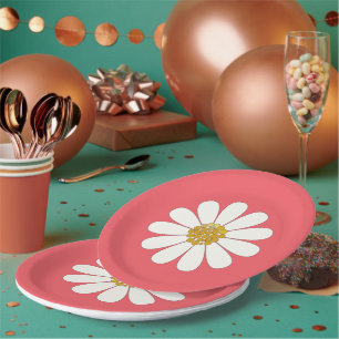 White Retro Modern Daisy Flower Birthday Party Papieren Bordje