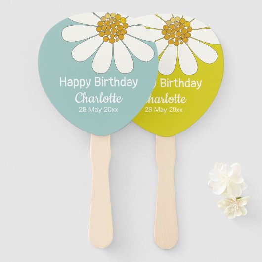 White Retro Modern Daisy Flower Custom Birthday Handwaaier (Voorkant en achterkant)