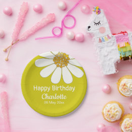 White Retro Modern Daisy Flower Custom Birthday Papieren Bordje