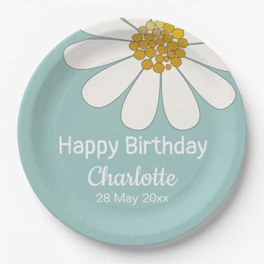 White Retro Modern Daisy Flower Custom Birthday Papieren Bordje (Voorkant)
