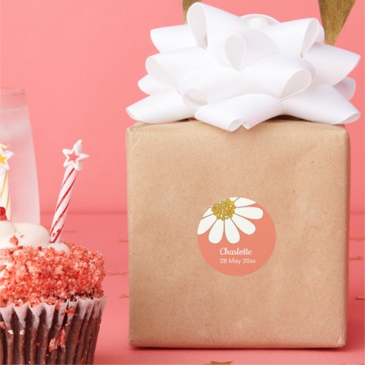 White Retro Modern Daisy Flower Custom Birthday Ronde Sticker (Feest)