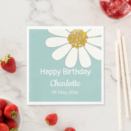 White Retro Modern Daisy Flower Custom Birthday Servet