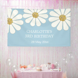 White Retro Modern Daisy Flower Custom Birthday Spandoek
