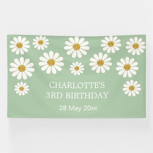 White Retro Modern Daisy Flower Custom Birthday Spandoek (Horizontaal)