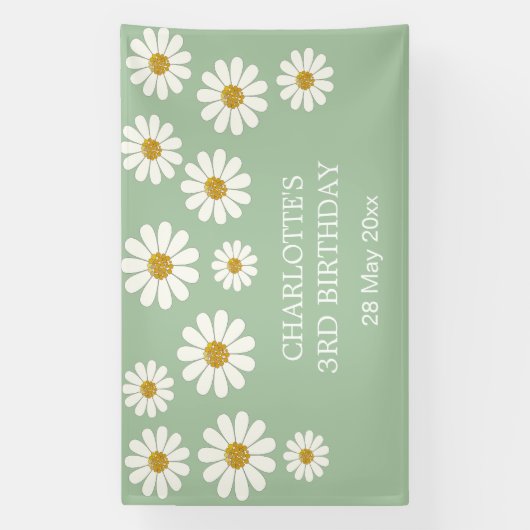 White Retro Modern Daisy Flower Custom Birthday Spandoek (Verticaal)