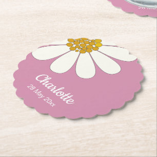 White Retro Modern Daisy Flower Custom Name Kartonnen Onderzetters