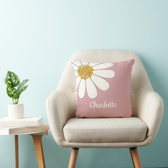 White Retro Modern Daisy Flower Custom Name Kussen (Stoel)